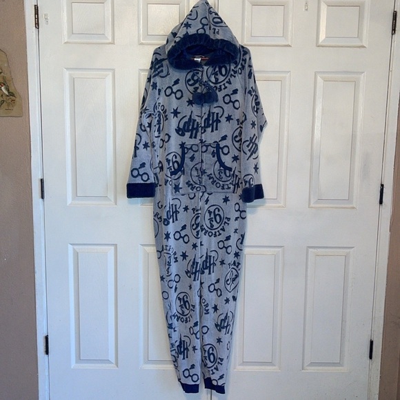 Wizarding World Of Harry Potter Plush Blue One Piece Hooded Pajamas - Picture 4 of 9
